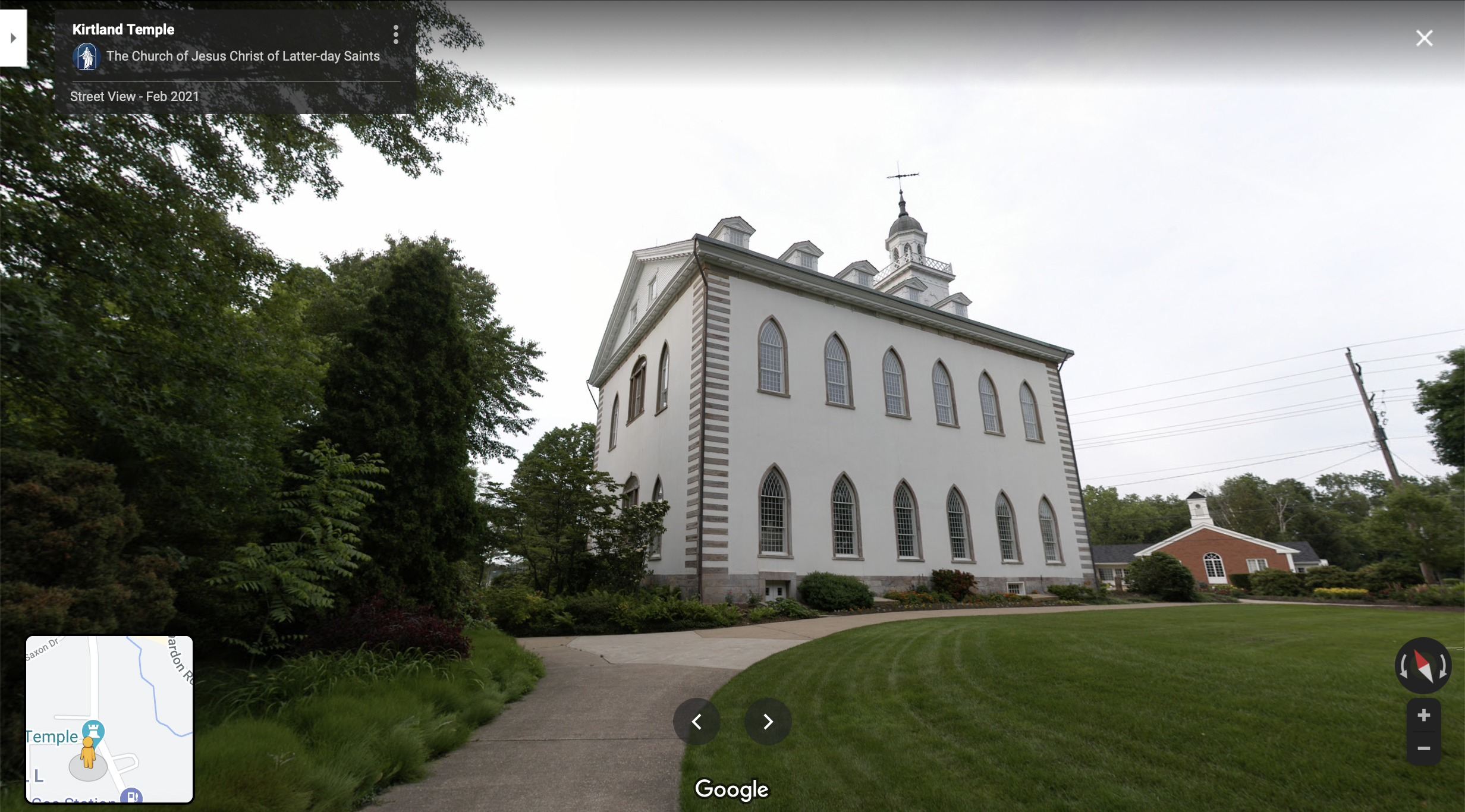 Screenshot of the Google Maps 360 view of the grounds of the Kirtland Temple