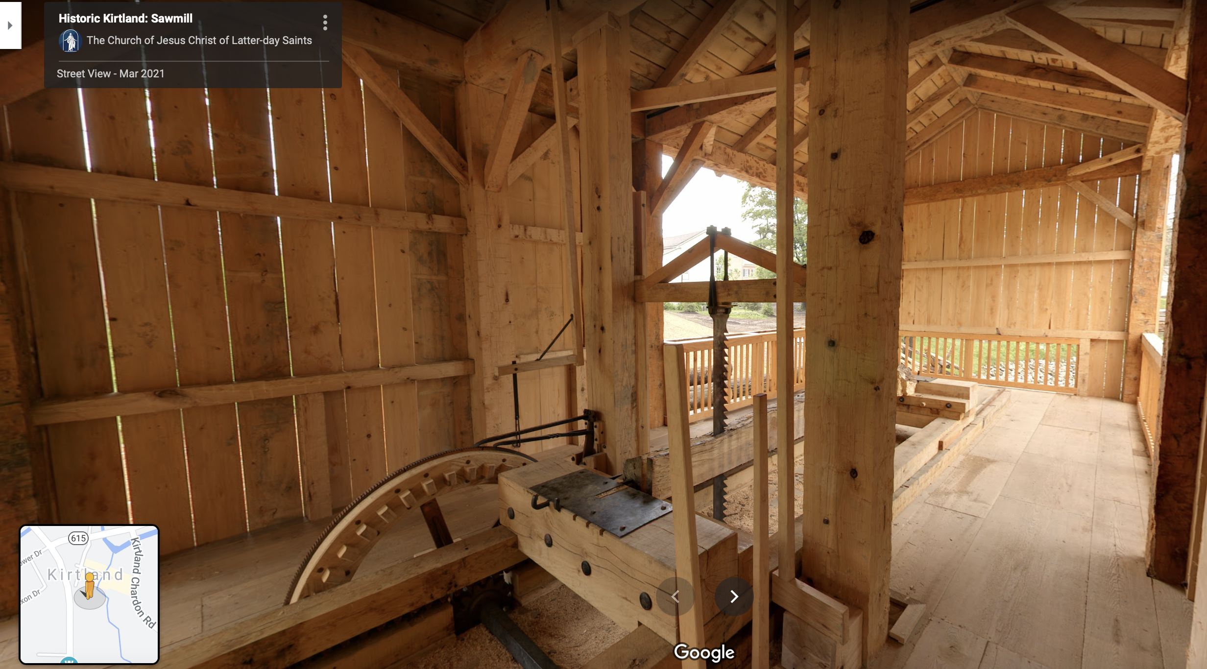 A screenshot of the 360 view of the Kirtland Sawmill on Google Maps