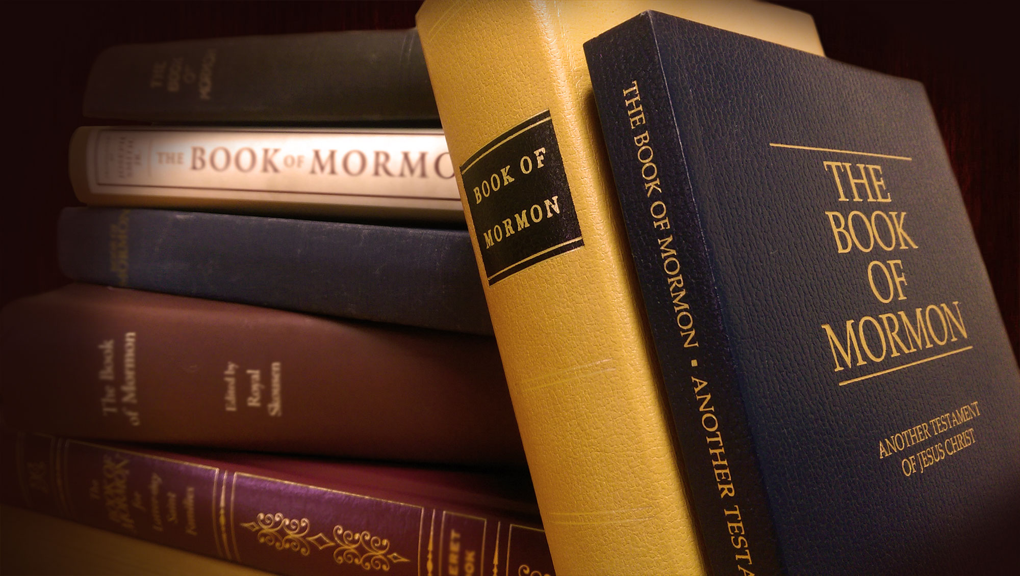 Two copies of The Book of Mormon lean against a stack of several other copies of various publishers and editions.