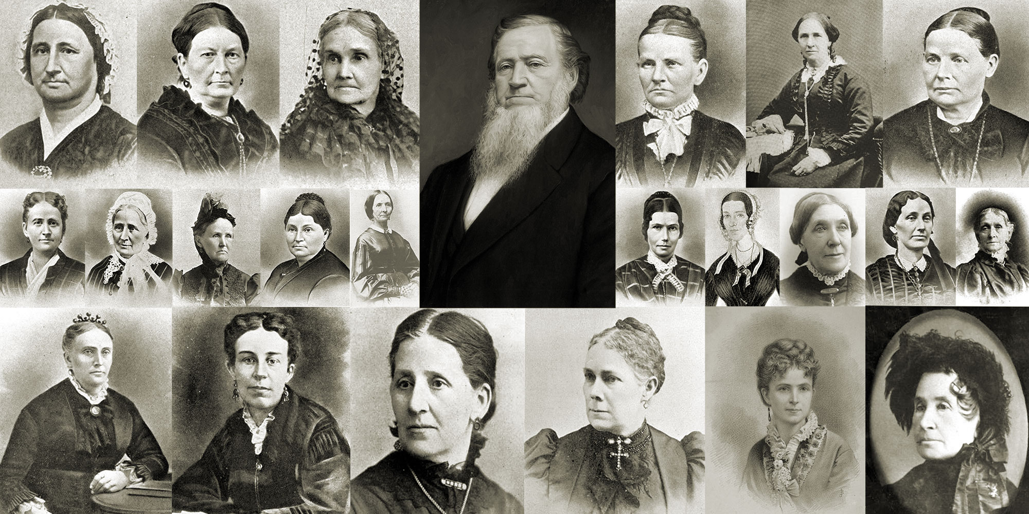 A collage of the portraits of Brigham Young and 22 women.
