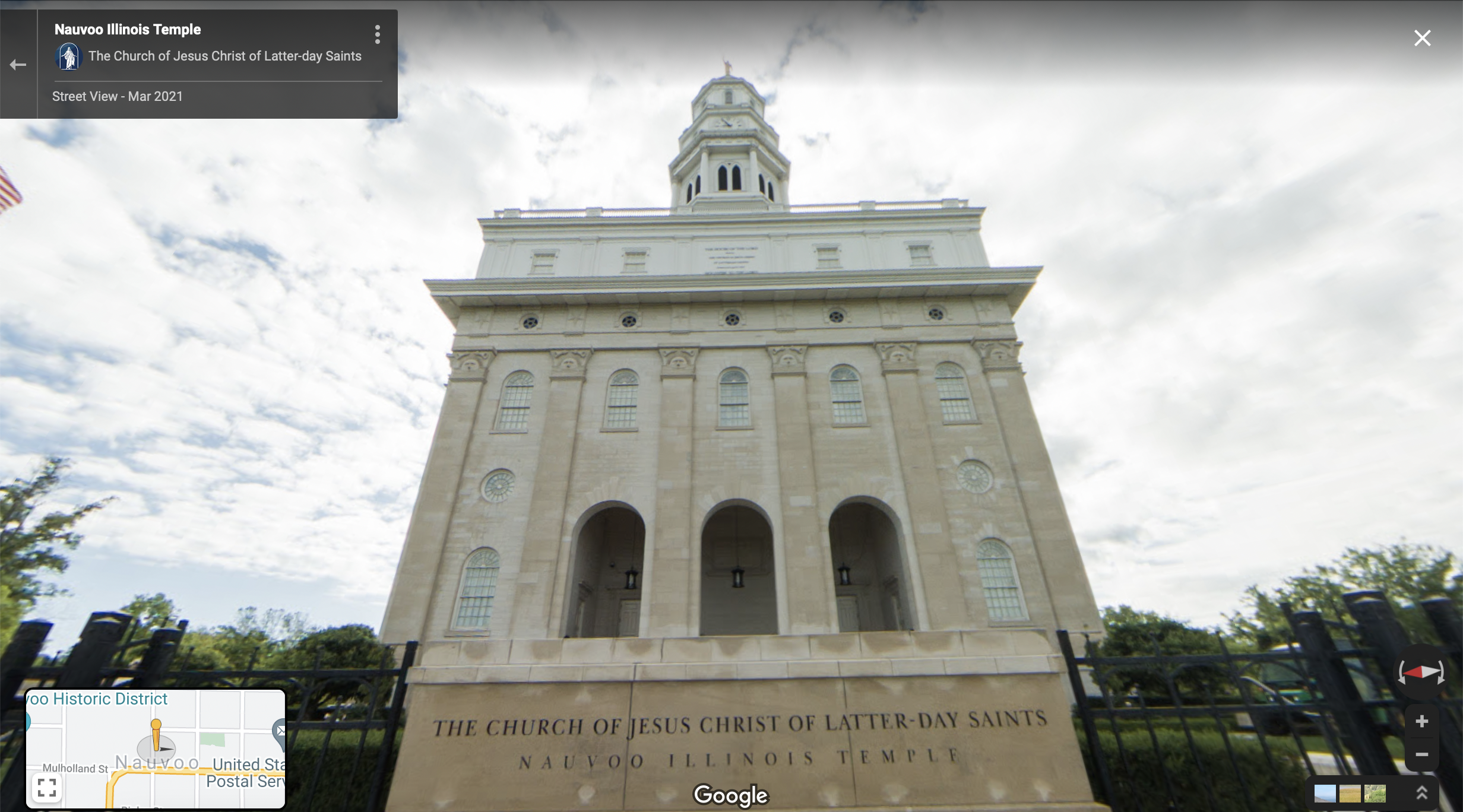 Screenshot of the Google Maps 360 view of the Nauvoo Temple